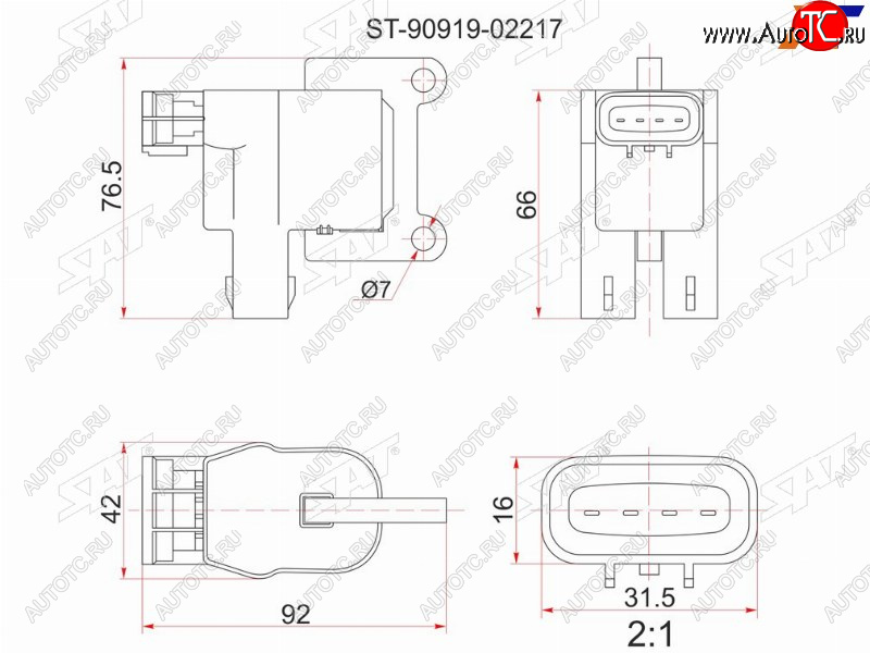 1 399 р. Катушка зажигания TOYOTA 3S5S-FE (№1) 96- ST19#ST21#ST20#SV4#SV55SXV2#SXM1#SXN1#SXU1#SXA1# SAT ST-90919-02217  с доставкой в г. Кемерово