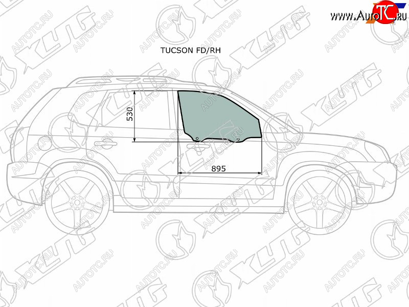 2 789 р. Стекло боковое опускное (Спереди Справа Цвет зеленый) Hyundai Tucson 04-09 XYG TUCSON FD/RH  с доставкой в г. Кемерово
