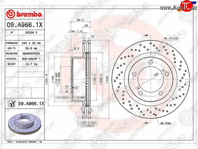 15 999 р. Тормозной передний диск (Ø340) BREMBO  Toyota Land Cruiser 200 дорестайлинг (2007-2012)  с доставкой в г. Кемерово