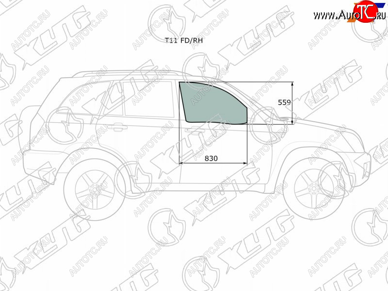 2 599 р. Стекло боковое опускное (Спереди Справа Цвет зеленый) Chery Tiggo T11 05-16  Vortex Tingo 10-14 XYG T11 FD/RH  с доставкой в г. Кемерово