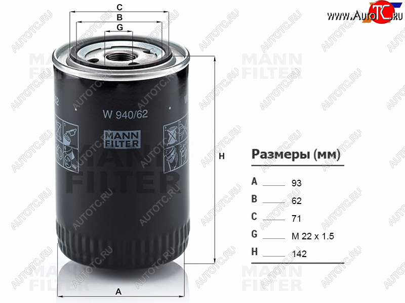 1 059 р. Фильтр масляный IVECO DAILY 99-MITSUBISHI FUSO CANTER 09-12CITROEN JUMPER 02-06 MANN W940/62  с доставкой в г. Кемерово
