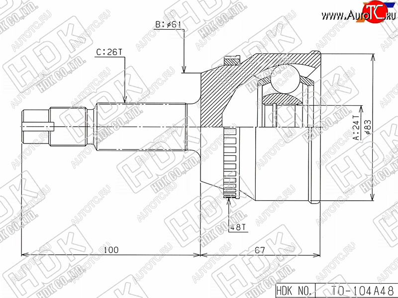 4 999 р. Шрус наружный TOYOTA CAMRY ACV3#ACV4# 2AZ-FE (USA) 01- HDK TO-104A48  с доставкой в г. Кемерово