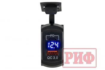 1 699 р. Розетка USB Type PD, QC 3.0 с вольтметром, синяя подсветка РИФ rif22-4-41480  с доставкой в г. Кемерово. Увеличить фотографию 4