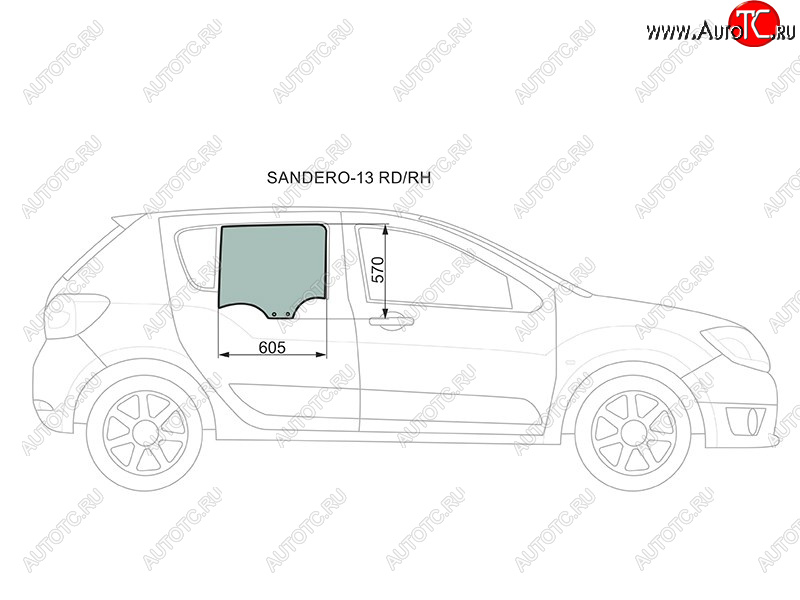 2 349 р. Стекло боковое опускное (Сзади Справа Цвет зеленый) Renault Logan 14-22  Sandero 14-22  Dacia Lo XYG SANDERO-13 RD/RH  с доставкой в г. Кемерово
