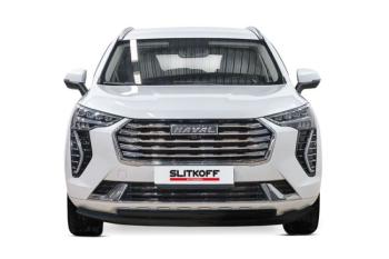 9 699 р. Защита переднего бампера d57+d42 двойная 2WD Slitkoff  Haval Jolion (2020-2024) дорестайлинг (  Сталь с полимерным покрытием в цвет черный)  с доставкой в г. Кемерово. Увеличить фотографию 1