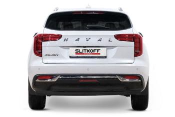 Защита заднего бампера d57+d42 двойная (2WD) Slitkoff Haval Jolion (2020-2024) дорестайлинг (Сталь с полимерным покрытием в цвет черный)