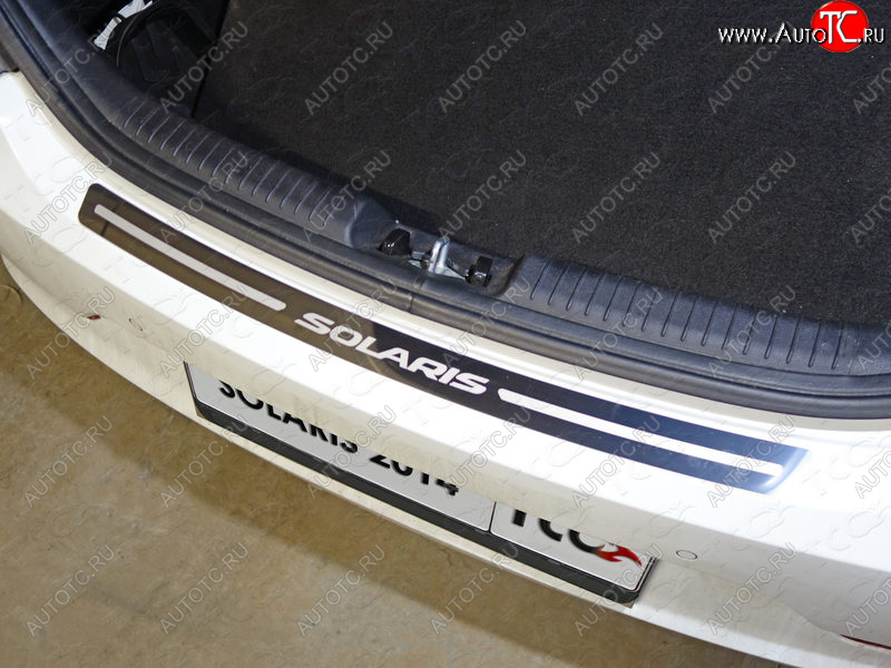 1 000 000 р. Накладка на задний бампер ТСС Тюнинг  Hyundai Solaris  RBr (2014-2017) хэтчбэк рестайлинг (лист зеркальный с надписью Solaris)  с доставкой в г. Кемерово