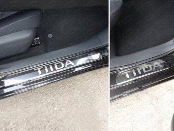 Накладки на пороги ТСС Тюнинг Nissan Tiida  2 хэтчбек (2015-2016) C13 дорестайлинг (лист зеркальный надпись Tiida)
