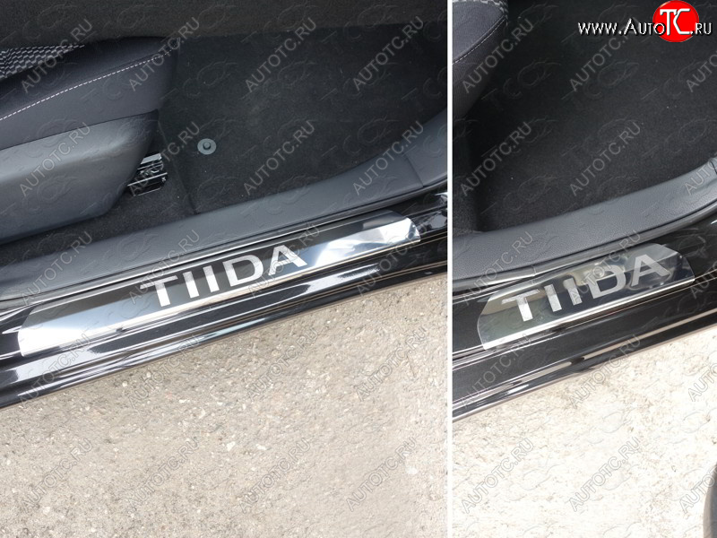 1 000 000 р. Накладки на пороги ТСС Тюнинг  Nissan Tiida  2 хэтчбек (2015-2016) C13 дорестайлинг (лист зеркальный надпись Tiida)  с доставкой в г. Кемерово