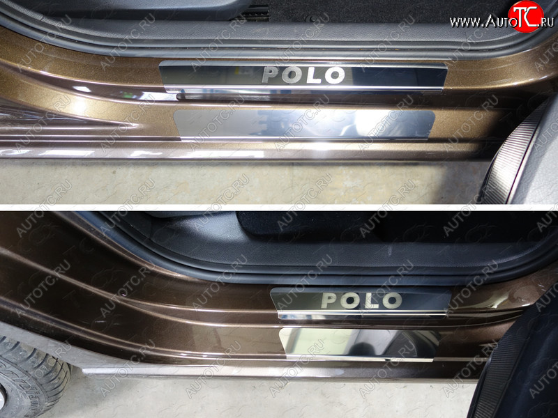 1 000 000 р. Накладки на пороги внешние и внутренние (8 шт) ТСС Тюнинг  Volkswagen Polo  5 (2015-2020) седан рестайлинг, хэтчбек рестайлинг (лист зеркальный надпись Polo)  с доставкой в г. Кемерово