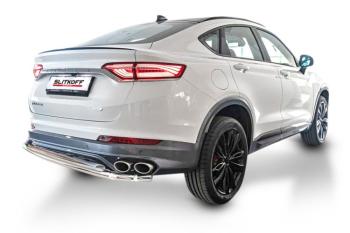 Защита заднего бампера d42+d42 двойная Slitkoff Geely Tugella  FY11,HPBA4 (2022-2025) рестайлинг (Сталь с полимерным покрытием в цвет серебристый)