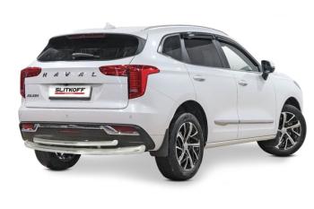 Защита заднего бампера d57+d57 двойная (2WD) Slitkoff Haval Jolion (2020-2024) дорестайлинг (Сталь с полимерным покрытием в цвет серебристый)