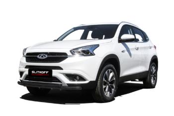 Защита переднего бампера d57+d42 двойная Slitkoff Chery Tiggo 7 (2016-2020) (нержавейка с полимерным покрытием в цвет черный)