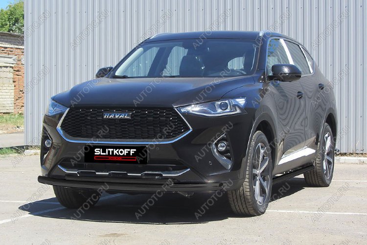 13 899 р. Защита переднего бампера d57 + d42 Slitkoff Haval F7x дорестайлинг (2019-2022) (нержавейка с полимерным покрытием в цвет черный)  с доставкой в г. Кемерово