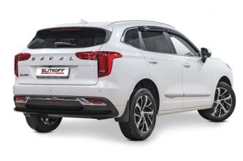 Защита заднего бампера d42+d42 двойная (2WD) Slitkoff Haval Jolion (2020-2024) дорестайлинг (нержавейка с полимерным покрытием в цвет черный)