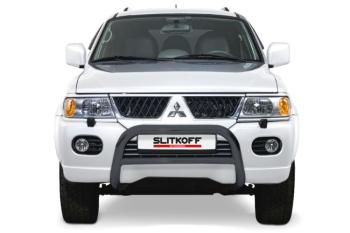 33 699 р. Защита переднего бампера кенгурятник d76 низкий Slitkoff  Mitsubishi Pajero Sport  PA (2004-2008) рестайлинг (нержавейка с полимерным покрытием в цвет черный)  с доставкой в г. Кемерово. Увеличить фотографию 1