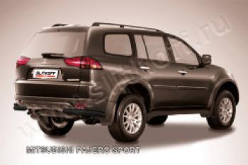 Защита заднего бампера уголки d57+d42 двойные Slitkoff Mitsubishi Pajero Sport  PA (2004-2008) рестайлинг (нержавейка с полимерным покрытием в цвет черный)