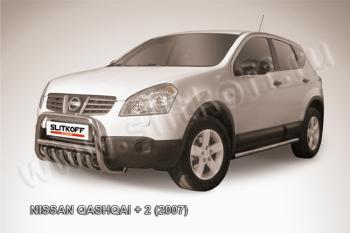 Защита переднего бампера кенгурятник d57 низкий с защитой картера Slitkoff Nissan Qashqai +2 1 J10 дорестайлинг (2008-2010) (нержавейка с полимерным покрытием в цвет черный)