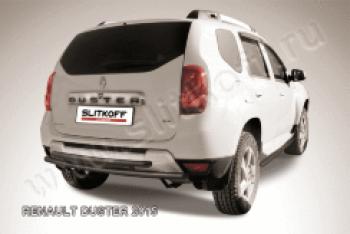 Защита заднего бампера d57+d42 двойная Slitkoff Renault Duster  HS (2015-2021) рестайлинг (нержавейка с полимерным покрытием в цвет черный)