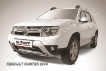 Защита переднего бампера d42+d42 двойная Slitkoff Renault Duster  HS (2015-2021) рестайлинг (нержавейка с полимерным покрытием в цвет черный)