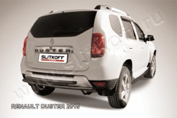 Защита заднего бампера d42+d42 двойная Slitkoff Renault Duster  HS (2015-2021) рестайлинг (нержавейка с полимерным покрытием в цвет черный)
