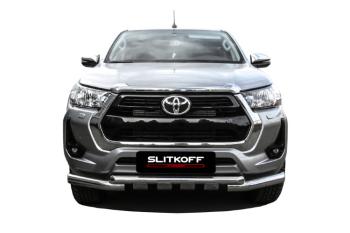 Защита переднего бампера d76+d57 двойная с профильной ЗК Slitkoff Toyota Highlander XU70 (2020-2025) (нержавейка с полимерным покрытием в цвет черный)