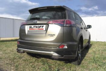 Защита заднего бампера уголки d57+d42 двойные Slitkoff Toyota RAV4  XA40 (2015-2019) 5 дв. рестайлинг (нержавейка с полимерным покрытием в цвет черный)