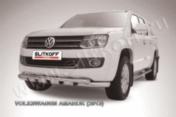 24 649 р. Защита переднего бампера d76+d57 двойная с профильной ЗК Slitkoff  Volkswagen Amarok (2009-2016) дорестайлинг (нержавейка с полимерным покрытием в цвет черный)  с доставкой в г. Кемерово. Увеличить фотографию 1