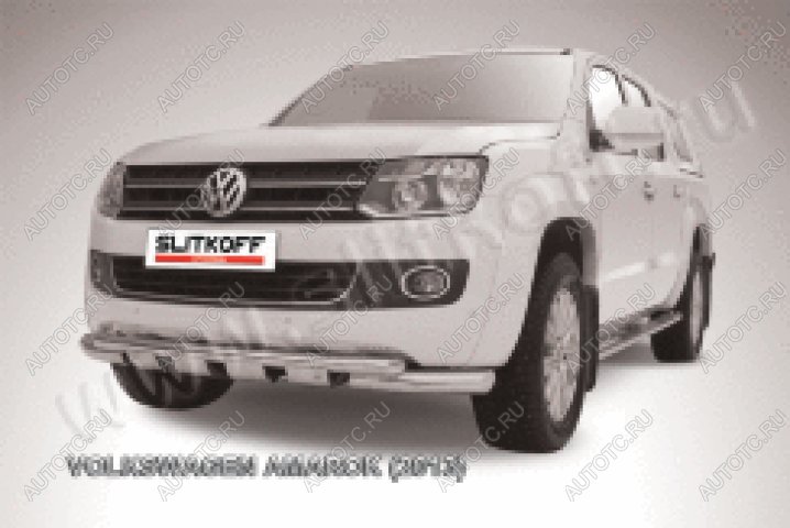 24 649 р. Защита переднего бампера d76+d57 двойная с профильной ЗК Slitkoff  Volkswagen Amarok (2009-2016) дорестайлинг (нержавейка с полимерным покрытием в цвет черный)  с доставкой в г. Кемерово