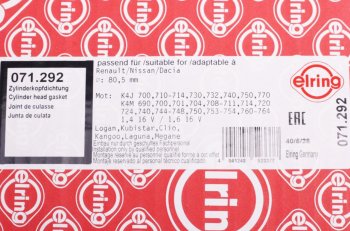 3 799 р. Прокладка головки блока RENAULT Clio,Kangoo,Logan,Megane (K4M,K4J) ELRING ELRING 071.292  с доставкой в г. Кемерово. Увеличить фотографию 3