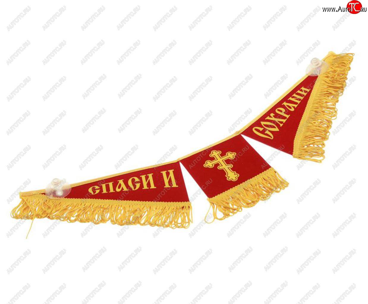 599 р. Вымпел РОССИЯ Спаси и сохрани с бахромой, красный фон (47х12см) AUTOSTICKERS AUTOSTICKERS 072111  с доставкой в г. Кемерово