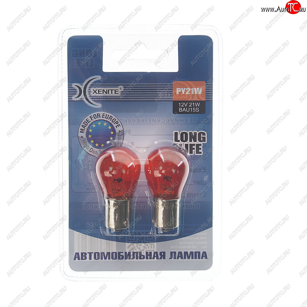 154 р. Лампа 12V PY21W BAU15s 3200К желтая блистер (2шт.) Long Life XENITE XENITE 1007125  с доставкой в г. Кемерово