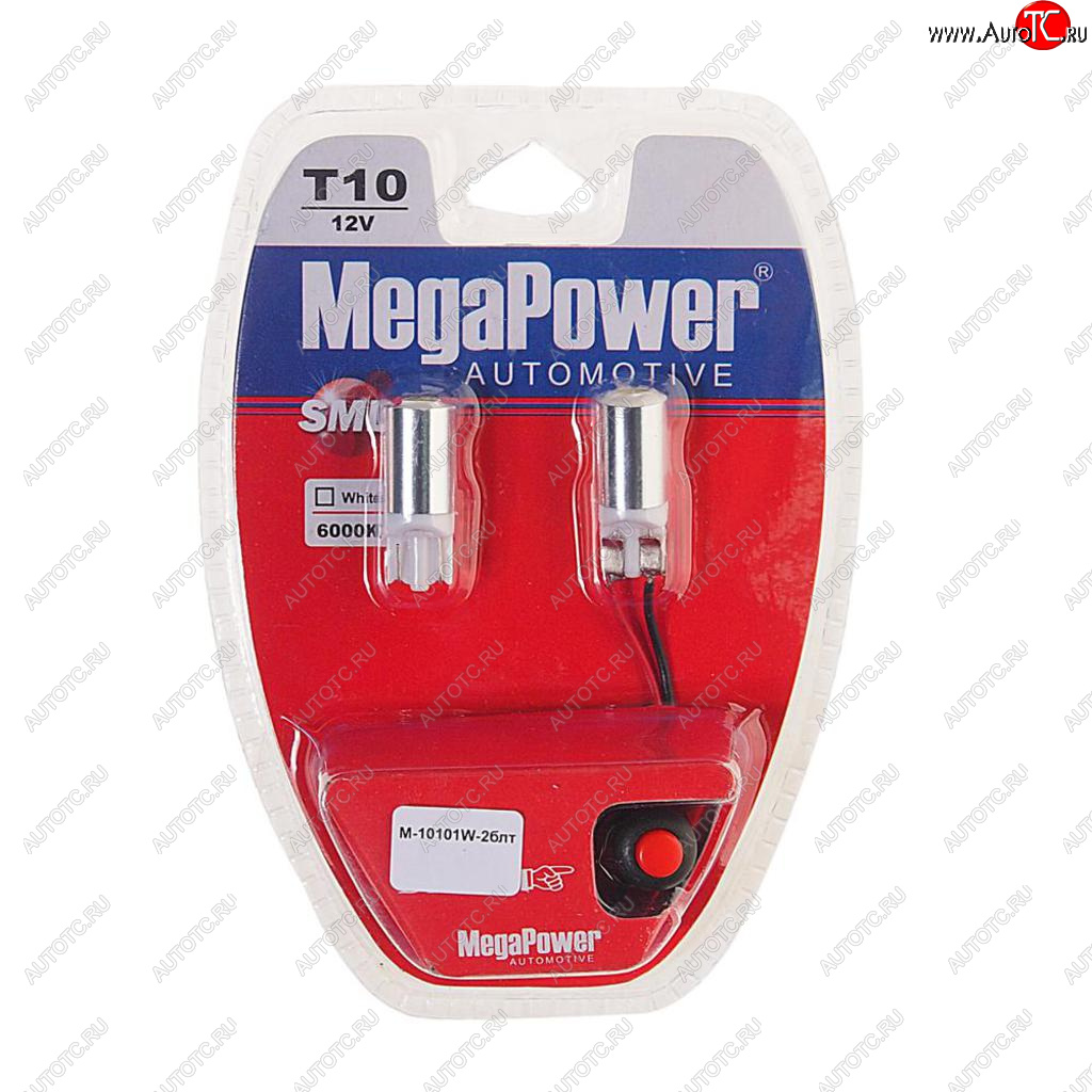 299 р. Лампа светодиодная 12V W5W T10 W2.1x9.5d 6000K с тестером блистер (2шт.) MEGAPOWER MEGAPOWER-AUTOMOTIVE 10101w-2блт  с доставкой в г. Кемерово
