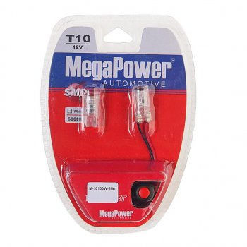459 р. Лампа светодиодная 12V W5W T10 W2.1x9.5d 6000K 3 LED с тестером блистер (2шт.) MEGAPOWER MEGAPOWER-AUTOMOTIVE 10103w-2блт  с доставкой в г. Кемерово. Увеличить фотографию 1