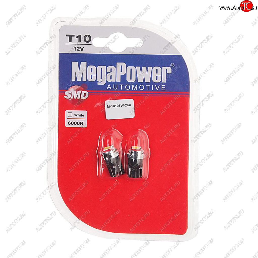 319 р. Лампа светодиодная 12V W5W T10 W2.1x9.5d 6000K блистер (2шт.) MEGAPOWER MEGAPOWER-AUTOMOTIVE 10105w-2бл  с доставкой в г. Кемерово