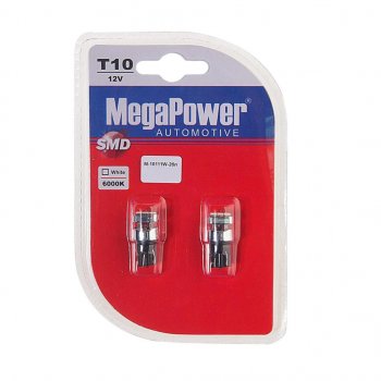 226 р. Лампа светодиодная 12V W5W T10 W2.1x9.5d 6000K 3 LED блистер (2шт.) MEGAPOWER MEGAPOWER-AUTOMOTIVE 10111w-2бл  с доставкой в г. Кемерово. Увеличить фотографию 1