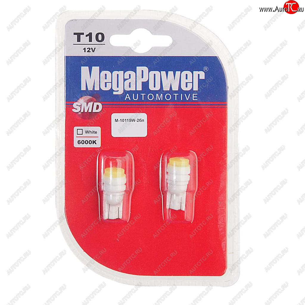 223 р. Лампа светодиодная 12V W5W T10 W2.1x9.5d 6000K блистер (2шт.) MEGAPOWER MEGAPOWER-AUTOMOTIVE 10115w-2бл  с доставкой в г. Кемерово