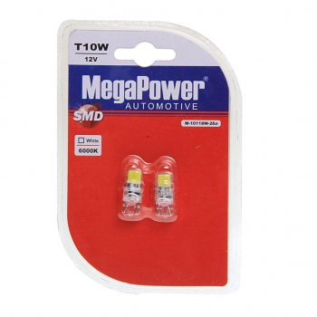 299 р. Лампа светодиодная 12V W5W T10 W2.1x9.5d 6000K 2 LED блистер (2шт.) MEGAPOWER MEGAPOWER-AUTOMOTIVE 10118w-2бл  с доставкой в г. Кемерово. Увеличить фотографию 1