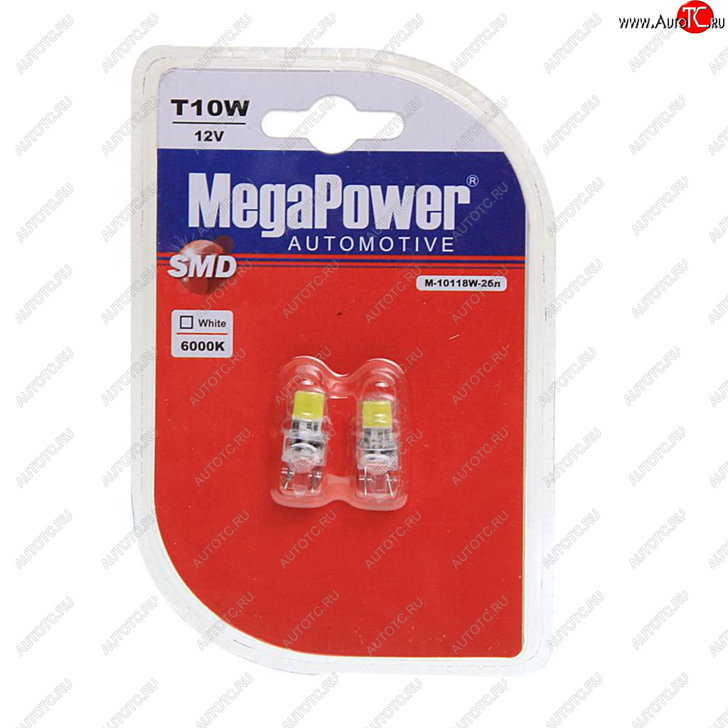 299 р. Лампа светодиодная 12V W5W T10 W2.1x9.5d 6000K 2 LED блистер (2шт.) MEGAPOWER MEGAPOWER-AUTOMOTIVE 10118w-2бл  с доставкой в г. Кемерово
