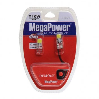 389 р. Лампа светодиодная 12V W5W T10 W2.1x9.5d 6000K 2 LED с тестером блистер (2шт.) MEGAPOWER MEGAPOWER-AUTOMOTIVE 10118w-2блт  с доставкой в г. Кемерово. Увеличить фотографию 1