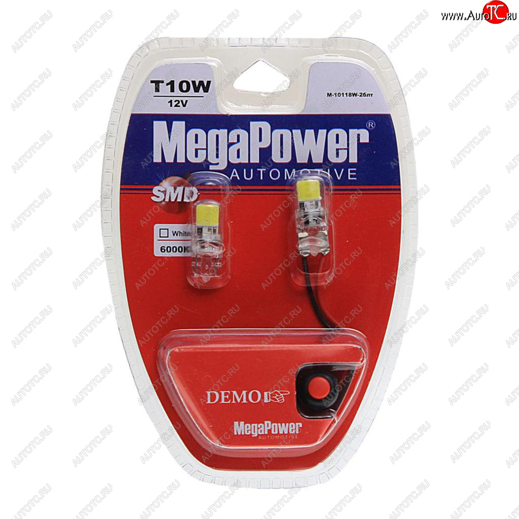 389 р. Лампа светодиодная 12V W5W T10 W2.1x9.5d 6000K 2 LED с тестером блистер (2шт.) MEGAPOWER MEGAPOWER-AUTOMOTIVE 10118w-2блт  с доставкой в г. Кемерово