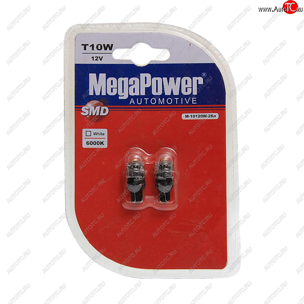 699 р. Лампа светодиодная 12V W5W T10 W2.1x9.5d 6000K блистер (2шт.) MEGAPOWER MEGAPOWER-AUTOMOTIVE 10120w-2бл  с доставкой в г. Кемерово