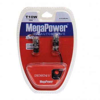 589 р. Лампа светодиодная 12V W5W T10 W2.1x9.5d 6000K с тестером блистер (2шт.) MEGAPOWER MEGAPOWER-AUTOMOTIVE 10120w-2блт  с доставкой в г. Кемерово. Увеличить фотографию 1