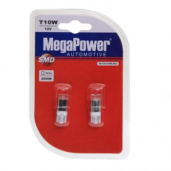 659 р. Лампа светодиодная 12V W5W T10 W2.1x9.5d 6000K блистер (2шт.) MEGAPOWER MEGAPOWER-AUTOMOTIVE 10121w-2бл  с доставкой в г. Кемерово. Увеличить фотографию 1