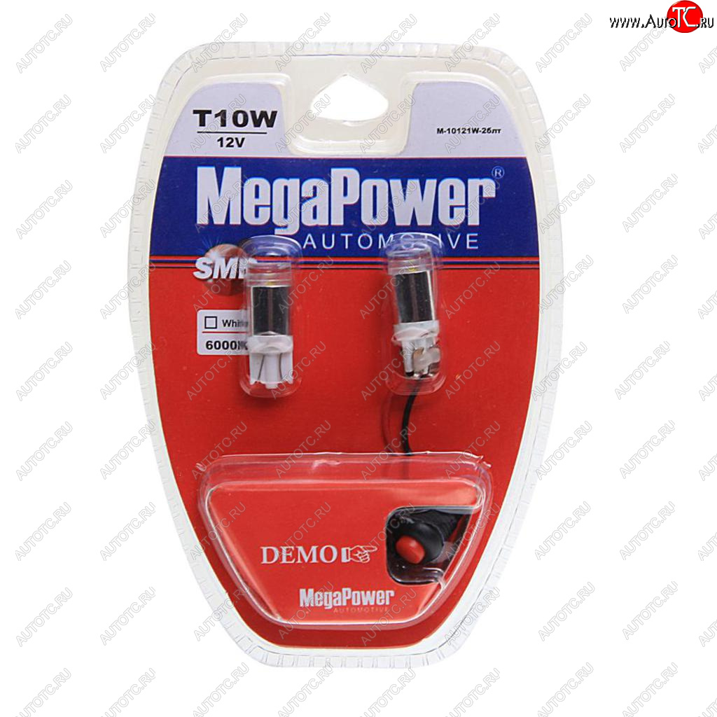 379 р. Лампа светодиодная 12V W5W T10 W2.1x9.5d 6000K с тестером блистер (2шт.) MEGAPOWER MEGAPOWER-AUTOMOTIVE 10121w-2блт  с доставкой в г. Кемерово