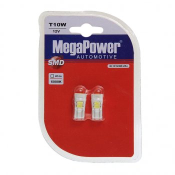 164 р. Лампа светодиодная 12V W5W T10 W2.1x9.5d 6000K 6 LED блистер (2шт.) MEGAPOWER MEGAPOWER-AUTOMOTIVE 10122w-2бл  с доставкой в г. Кемерово. Увеличить фотографию 1