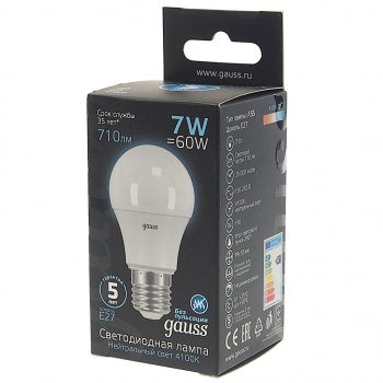 154 р. Лампа светодиодная E27 A60 7W (60W) 220V холодный GAUSS GAUSS 102502207  с доставкой в г. Кемерово. Увеличить фотографию 2