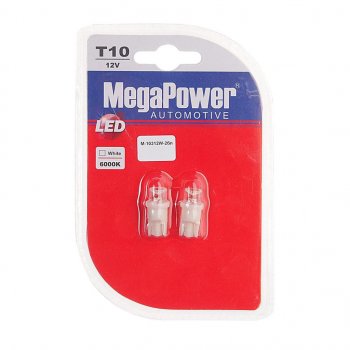 42 р. Лампа светодиодная 12V W5W T10 W2.1x9.5d 6000K блистер (2шт.) MEGAPOWER MEGAPOWER-AUTOMOTIVE 10312w-2бл  с доставкой в г. Кемерово. Увеличить фотографию 1