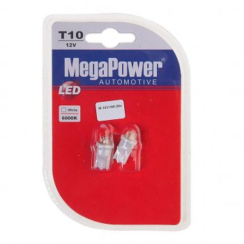 95 р. Лампа светодиодная 12V W5W T10 W2.1x9.5d 6000K 4 LED блистер (2шт.) MEGAPOWER MEGAPOWER-AUTOMOTIVE 10313w-2бл  с доставкой в г. Кемерово. Увеличить фотографию 1
