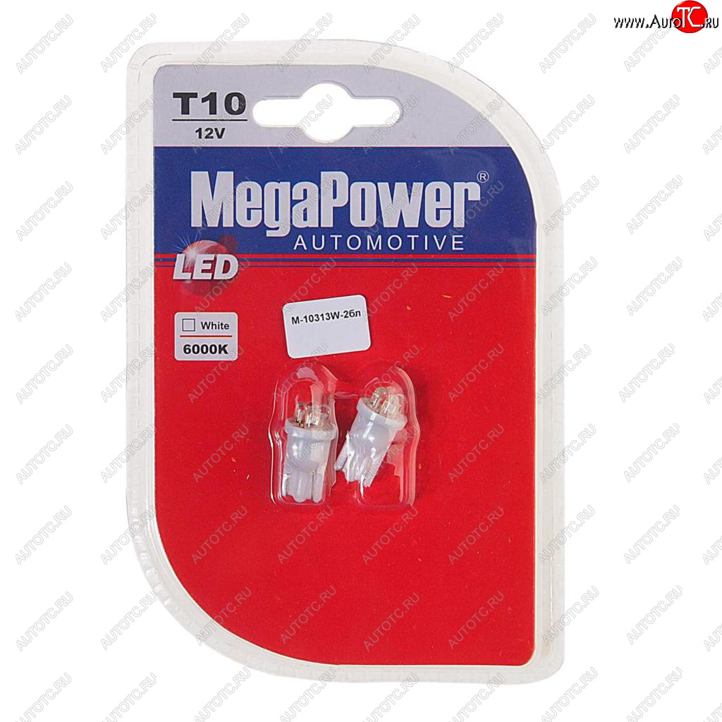 95 р. Лампа светодиодная 12V W5W T10 W2.1x9.5d 6000K 4 LED блистер (2шт.) MEGAPOWER MEGAPOWER-AUTOMOTIVE 10313w-2бл  с доставкой в г. Кемерово